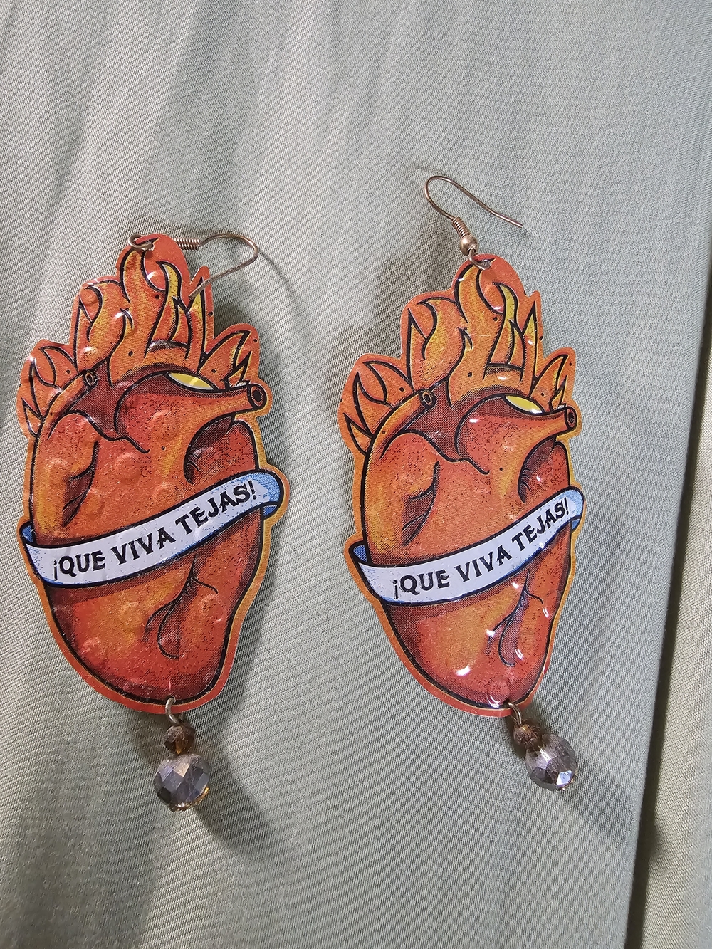 Que Viva Tejas Sacred Heart Statement Earrings Handmade Texas Jewelry
